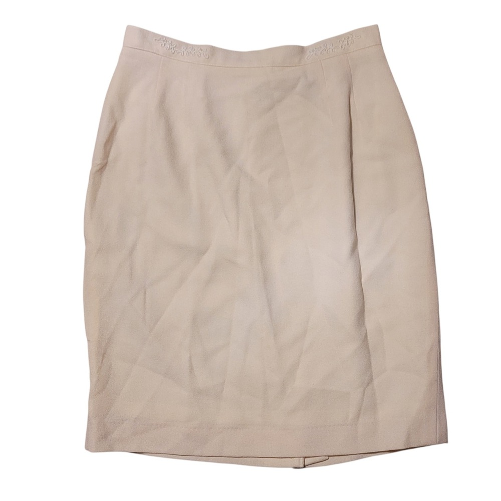 VTG Sassco 100% Wool Skirt Sz 8‎ Ivory Cream White Midi Pencil Embroidered 26x21